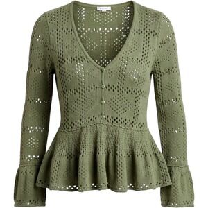 Pilcro Peplum Cardigan Olive Green Pointelle Bell Sleeve Boho Sweater Size S